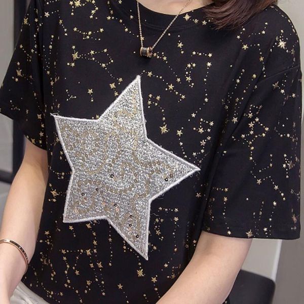 

4xl fashion t shirt women short sleeve o-neck cotton tees star polka dot printed summer rhinestone t-shirts camisetas mujer, White