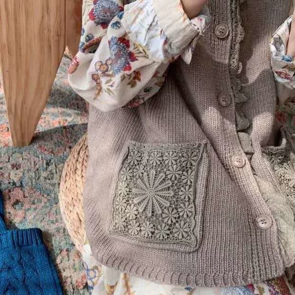 

2020 медведь кружева жилет девушка осень новый свободный и универсальный шнурок двойной карман juniorstyle трикотажные жилет oenpl, White;black