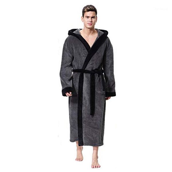 

hooded bathrobe men robe sleepwear plush winter lengthened patchwork long sleeve robe badjas d909141, Black;brown