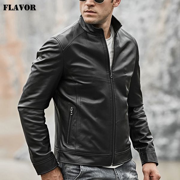 

men's real leather motocycle jacket lambskin genuine leather with zipper closure winter coat black lj201029