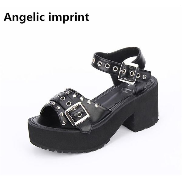 

angelic imprint woman mori girl lolita cosplay rivet punk shoes lady high heel pumps women princess summer cool sandals 33-47 t200605, Black