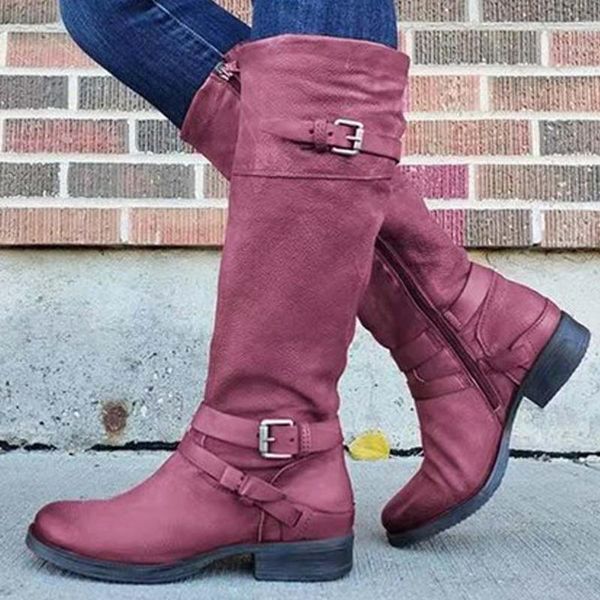 

boots bonjomarisa big size 43 retro lady round toe buckle mid calf low heel women autumn winter zipper shoes woman, Black