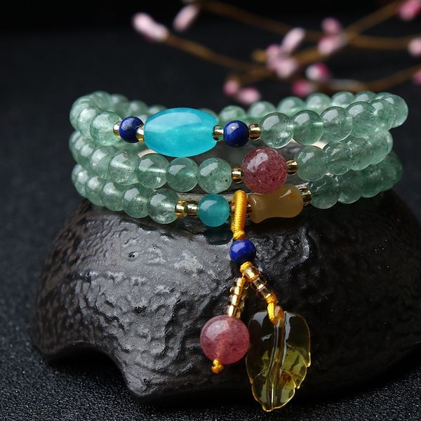 

huangqiu ювелирные изделия зеленый клубника кристалл шарик мульти круг браслет три кольца струна diy diy crystalstrawberry кристалл ювелирны, Golden;silver