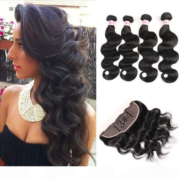 

9a peruvian malaysian indian brazilian virgin body wave hair weaves bundles with 13x4 closure human hair lace frontal with bundles, Black