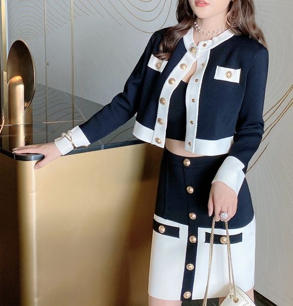 

autumn winter elegant 2 piece set women single-breasted golden button cardigans knitted sweater and high waist mini skirt suit 201130, White