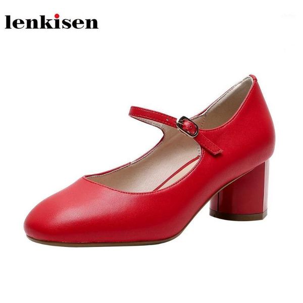 

lenkisen red genuine leather round toe med heels chinese style young lady handmade metal buckle straps mary jane pumps l831, Black
