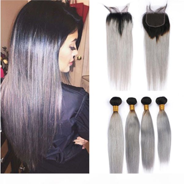 

#1b grey ombre peruvian human hair extensions with closure 4 bundles silver grey ombre straight virgin hair weaves with lace closure 4x4&quo, Black;brown
