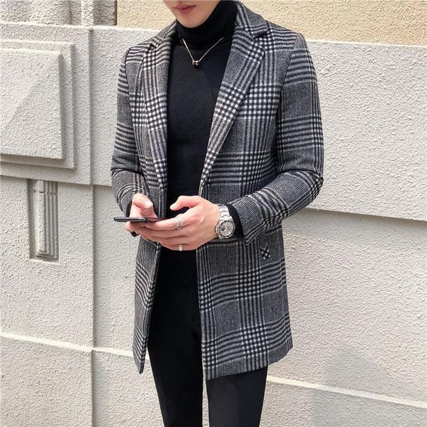 

2020 new men's medium long woolen coat men's korean version slim fashion woolen coat casual windbreaker1, Black