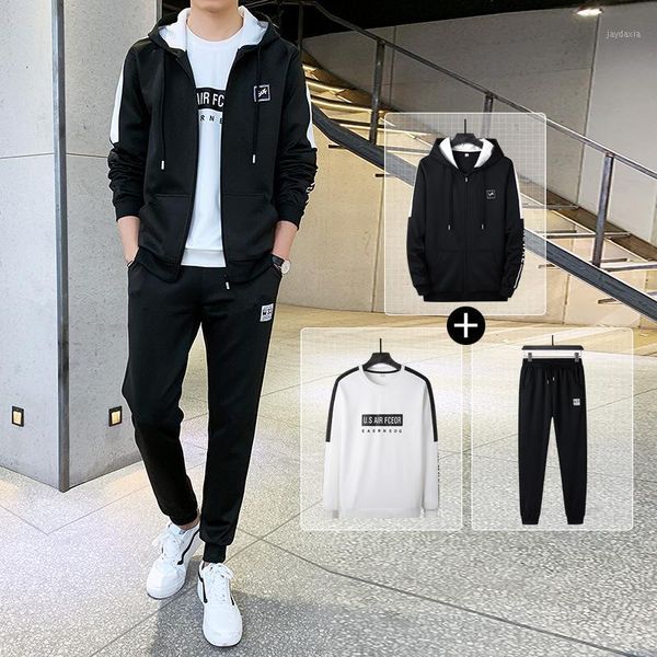 

fall 2020 hooded sweater suit men's printed casual sportswear hedging three-piece youth korean trend1, Gray