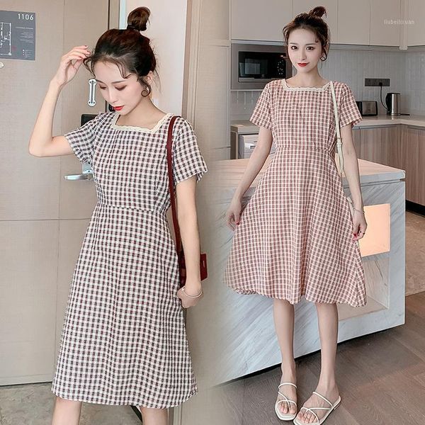 

1850# maternity clothes summer cotton plaid short sleeve loose stylish breastfeeding dress for pregnant women mom dress1, White