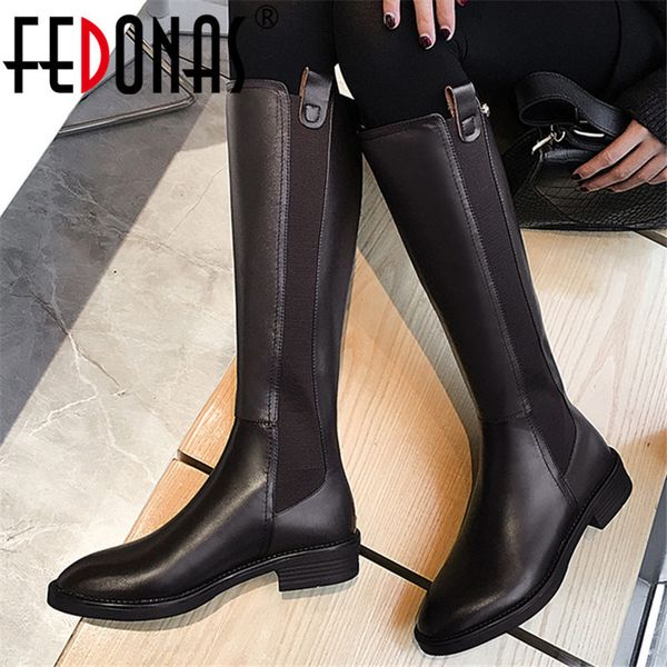 

fedonas genuine leather high boots women winter warm back zipper party basic shoes woman riding boots round toe knee high boots c1023, Black