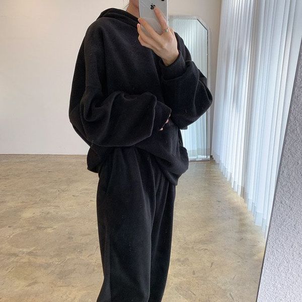 

2021 new women's large-scale solid hooded front pockets loose waist leggings winter sports ensembles rzcr, Gray