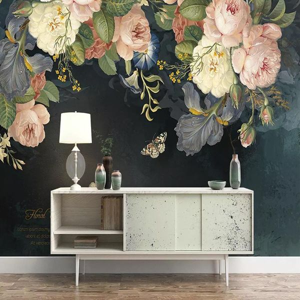 

custom 3d mural wall cloth european retro oil painting rose flower wallpaper for living room waterproof silk cloth wall painting