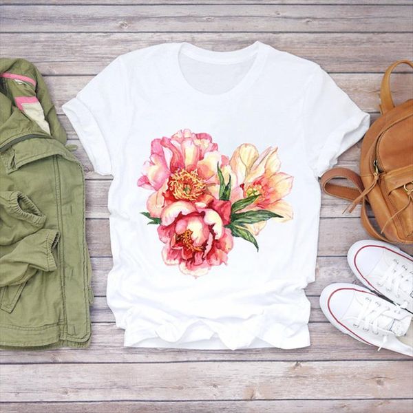 

flower printing t shirt women summer casual tshirts womens aesthetic t shirts harajuku graphic kawaii female shirt tee, White