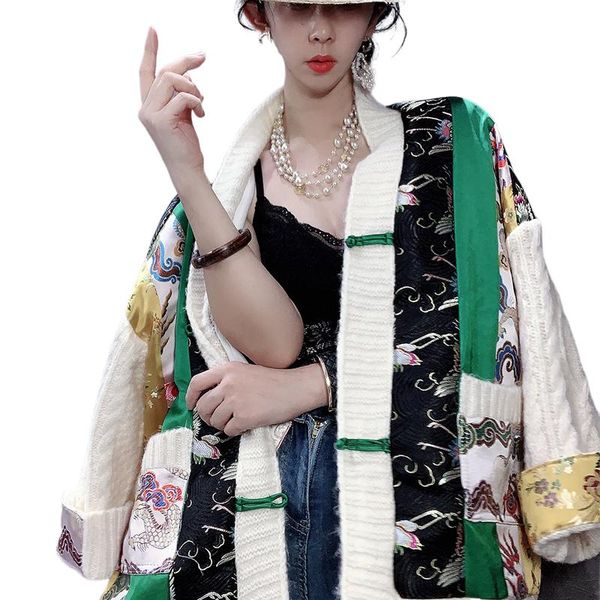 

dragon patchwork luxury knitted women sweater loose cardigan 2020 vintage coat trend lady jumpers colorful chinese lt466s50, White