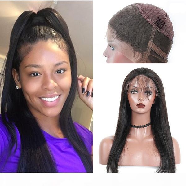 

360 lace frontal wigs human hair pre-plucked 360 lace frontal wigs silky straight natural color wig for black women brazilian human hair wig, Black;brown