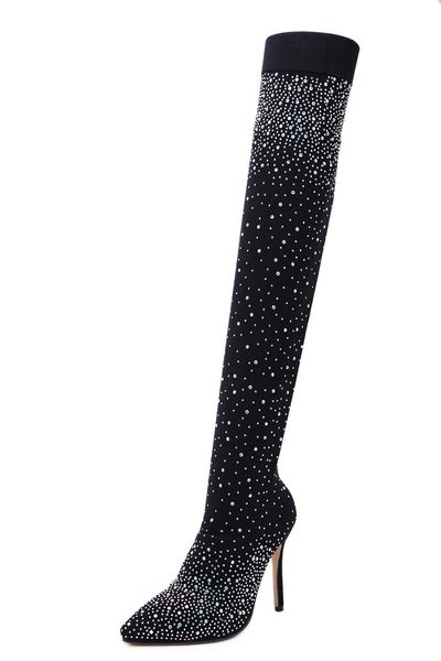 

2020 the bling luxury crystal woman styles boots on knee from her foot pointed high leaves shoes winter elegant female wktp, Black