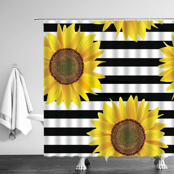 

stylish black white striped sunflower shower curtain flower bathroom curtains toilet decor waterproof polyester with hooks