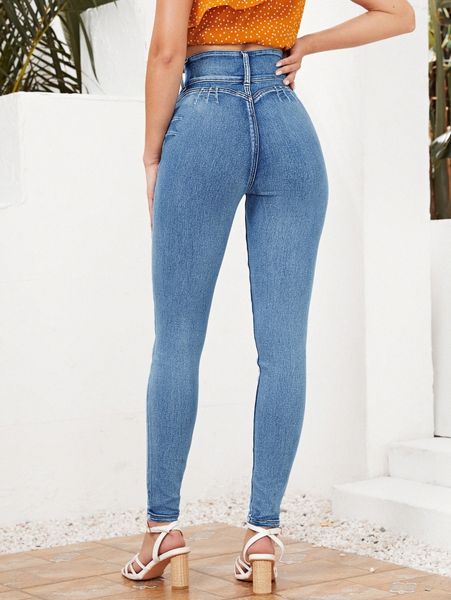 

high waist zip fly skinny jeans m8ap#, Blue