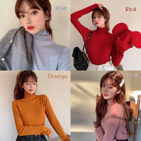 

autumn 2020 new high collar solid color long sleeve bottoming shirt and slim korean version with t-shirt for women