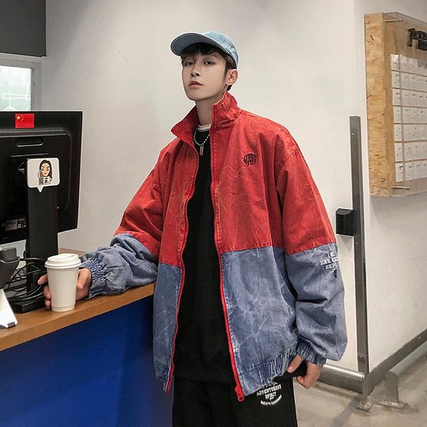 

men's jackets 2021 spring and autumn youth trend stand collar embroidery jacket fashion casual retro solid color black / yellow red, Black;brown
