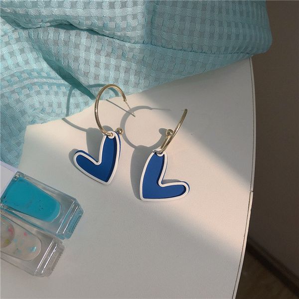 

s2757 fashion jewelry versatile blue heart earrings women's dangle stud earrings, Silver
