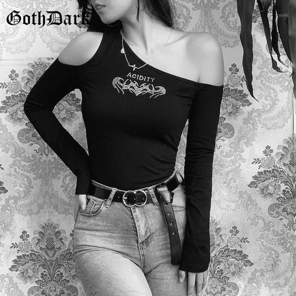 

goth dark black longsleeve harajuku gothic t-shirts women grunge letter backless one shoulder female t-shirt aesthetic punk chic1, White