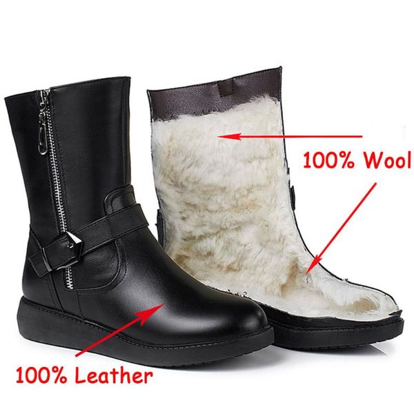 

brand new big size 43 genuine leather keep warm wool plush fur winter snow boots cow skin woman shoes mid-calf boots female, Black