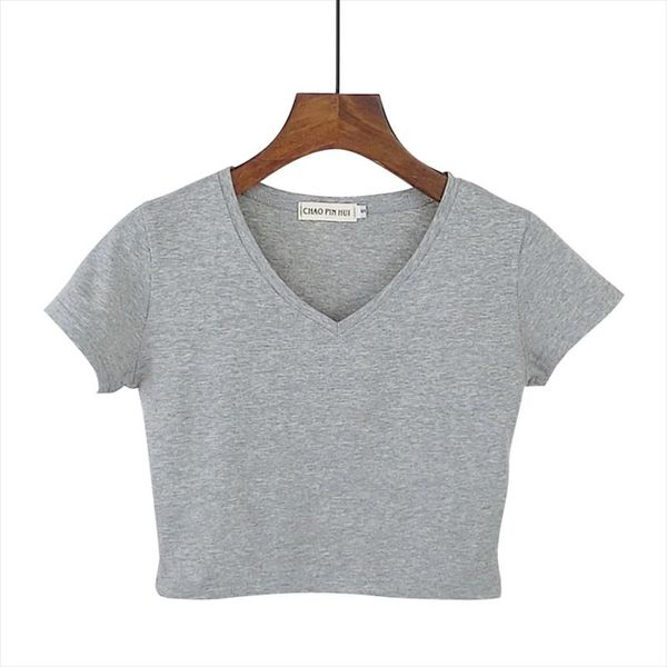 

2020 new women summer short design v neck cotton t shirt female slim high waist crop basic t shirt, White