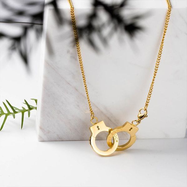 

gold necklace men handcuffs pendant stainless steel couple necklaces for women hip hop choker necklace chain female accessories, Golden;silver