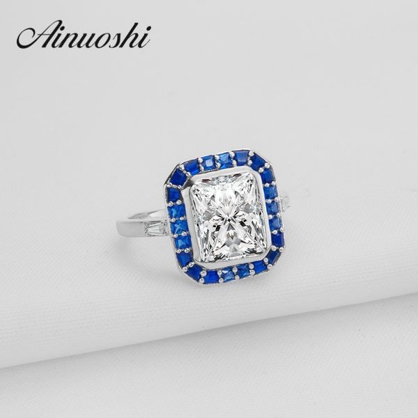 

ainoushi 3 ct big rectangle cut simulated jewelry aneis blue halo engagement band ring romantic anel feminino design customized y200106, Slivery;golden