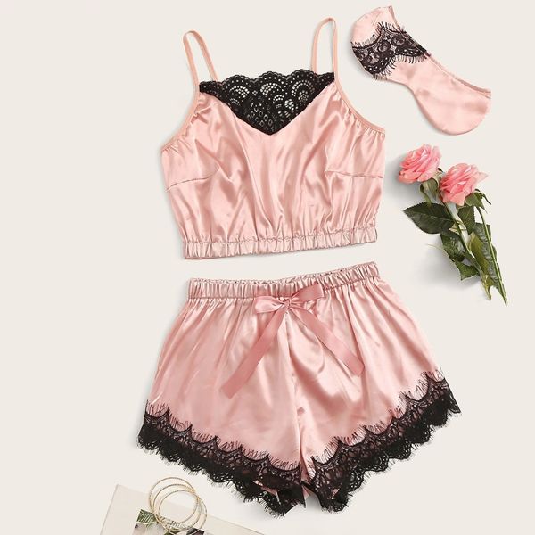

costumes women lace satin camisole pajamas sleepwear bowknot shorts with eye mask set babydoll lingerie new, Black;white