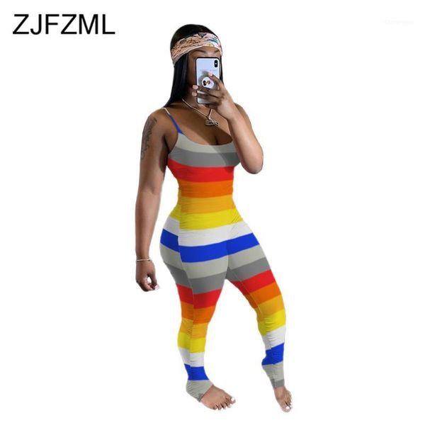 

rainbow striped rompers womens jumpsuit spaghetti strap sleeveless draped overall summer high waist backless one piece overalls1, Black;white