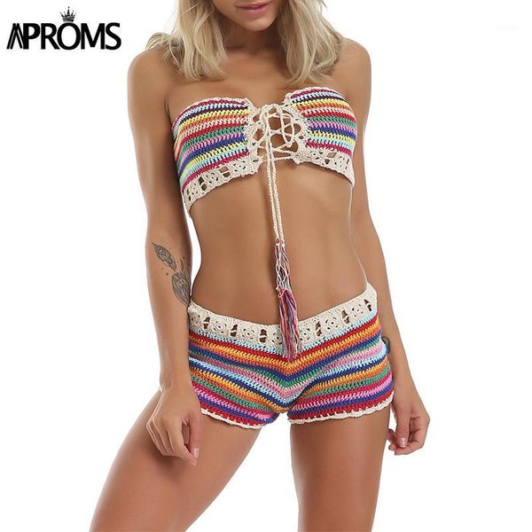 

aproms multi colorful striped knitted crop and shorts summer women 2 piece set handmade off shoulder lace up romer beachwear1, White