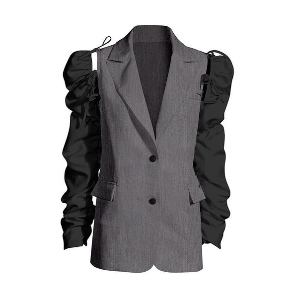 

women spring autumn gray pleated temperament blazer new lapel puff long sleeve loose fit jacket fashion tide 2020, White;black