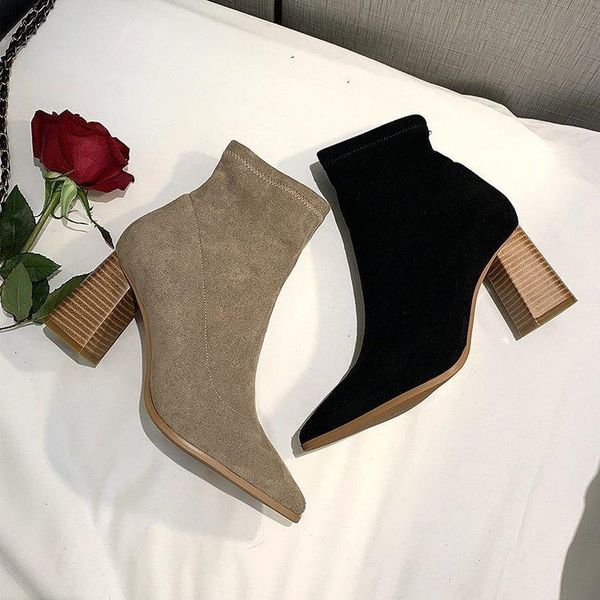

boots autumn 2021 women's british style thick heel pointed suede high fashion, Black