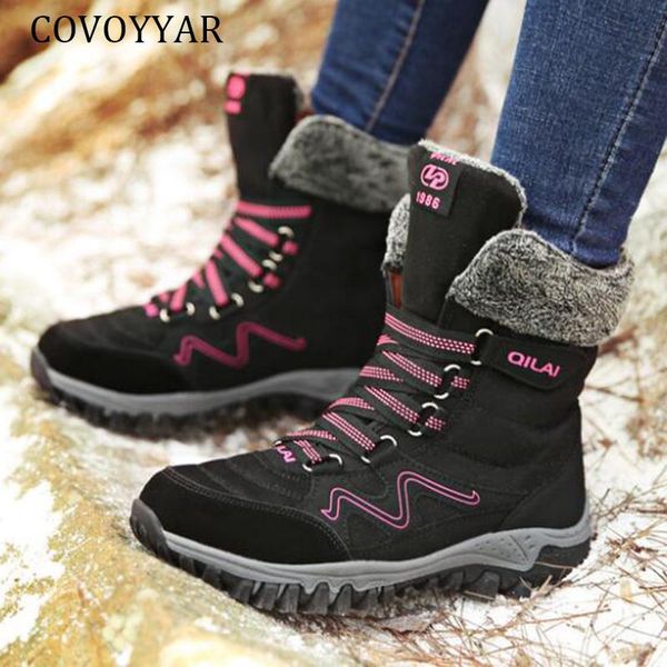 

covoyyar snow boots warm fur women booties winter shoes woman ankle boots lace up platform flat cotton shoes big sizes wbs052, Black