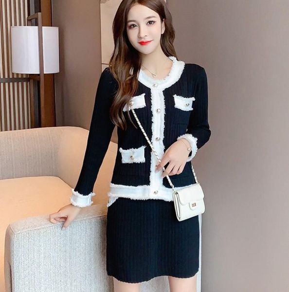 

elegant knitted suit 2020 women autumn fashion hit color single-breasted sweater coat + mini skirt two piece set, Gray