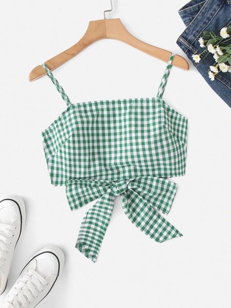 

tie back gingham print crop cami q7ay#, White