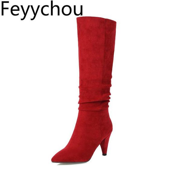 

women's boots autumn winter high heel pointed toe slip on knee high pu flock motorcycle boots 2020 new fashion beige red, Black