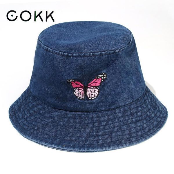 

cokk bucket hat женщина вышивки бабочка джинсовая ткани рыболов шляпа для женщин корейского hip hop panama cap gorros casquette нового кпт w, Blue;gray
