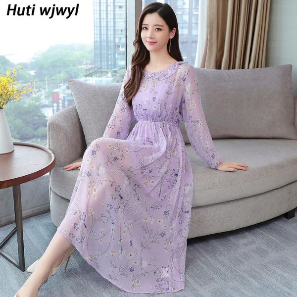 

2021 vintage floral chiffon long sleeve midi dresses spring autumn beach boho dress women bodycon elegant party casual vestidos, Black;gray