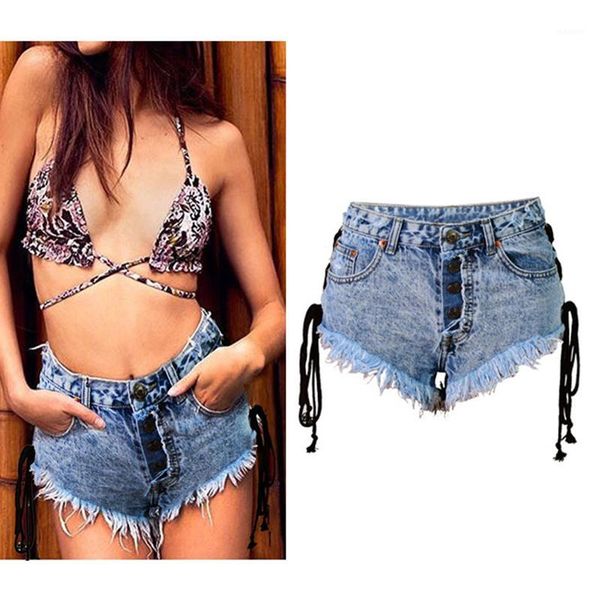 

2020 women fashion denim shorts high waist tassel snowflake blue shorts button strap female cotton denim1, White;black