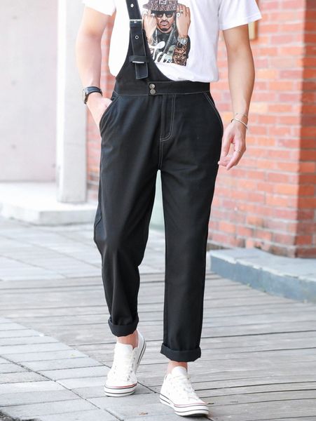 

men slant pocket solid overall pants 37tw#, Black
