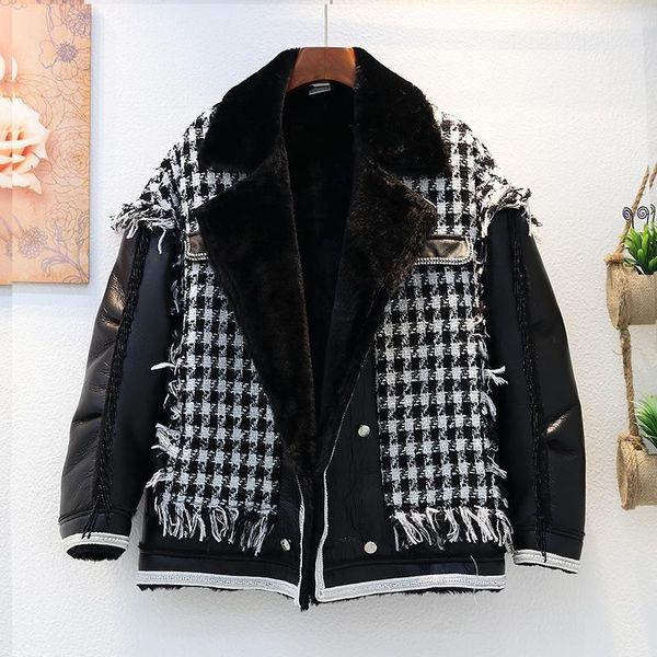 

women's jackets [ewq]2021 winter female fur collar double breasted long sleeve minimalist loose plaid cotton heavy pu jacket cardigan c, Black;brown