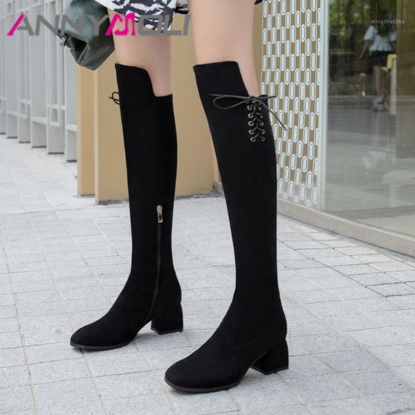 

boots annymoli knee high women shoes round toe block heels long zip cross tied fashion lady autumn winter black 461