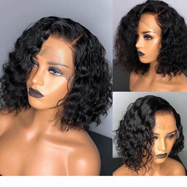 

water wave short bob wigs 13x4 lace front human hair wigs for women 150% brazilian glueless 360 lace frontal wig full black, Black;brown
