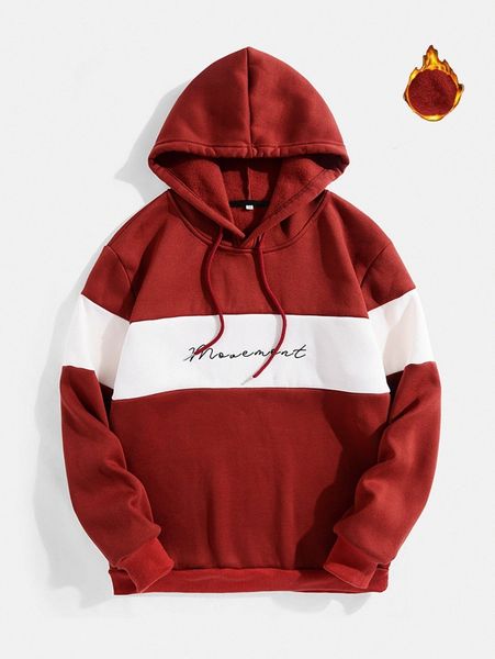 

men letter embroidery two tone drawstring thermal lined hoodie f9wj#, Black