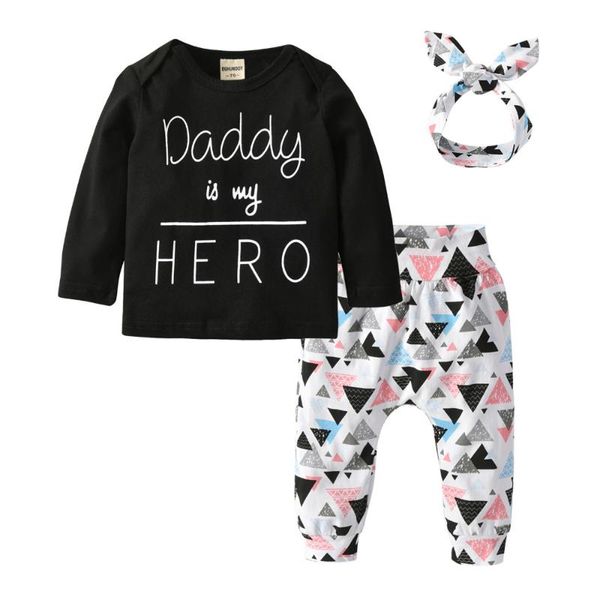 

3pcs newborn baby girls clothes daddy is my hero outfits set infant casual t-shirt+pant+headband autumn toddler clothing suit, White