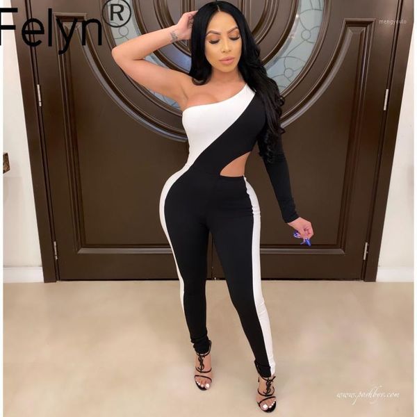 

felyn 2020 fashion design jumpsuits solid patchwork o-neck one shoulder summer night club rompers bb20101, Black;white